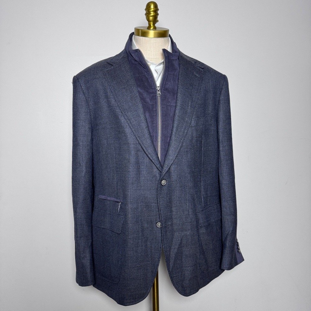 Robert Graham Blazer Mens 52R Blue Textured Wool Cashmere Zip Bib Suede Trim
